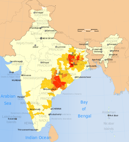 436px India map Naxal Left wing violence or activity affected districts 2013.SVG